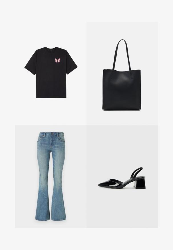 Svart bomullströja med korta ärmar, med en liten rosa fjärilsgrafik på vänster bröst. Rundad halsdesign med en avslappnad passform.; Ljusblå utsvängda jeans gjorda av denim. Har en frontknäppning, fem fickor och subtil blekning för textur.; Svarta lackläder slingback klackar med spetsig tå och geometrisk klack. Har en elegant, minimalistisk design och slät yta.; Svart lädertoffelväska med slät textur, rektangulär form och två långa handtag. Ingen synlig hårdvara eller dekorationer.