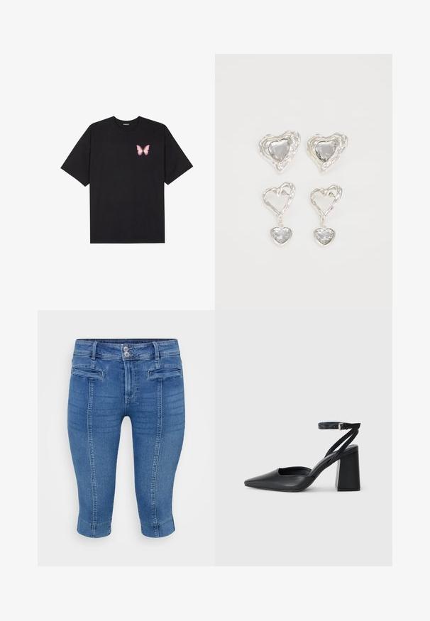 T-shirt nera in cotone con maniche corte, caratterizzata da una piccola grafica di una farfalla rosa sul lato sinistro del petto. Design a girocollo con una vestibilità rilassata.; Pantaloni capri in denim blu con design aderente, due tasche frontali e orlo risvoltato. Il tessuto presenta una texture liscia con leggere sfumature.; Pump in pelle nera con punta affusolata, cinturino alla caviglia e tacco spesso. Texture piatta, design elegante ed estetica minimalista.; Orecchini a forma di cuore in argento con pietre trasparenti sfaccettate, accompagnati da una cornice texturizzata. Il set include stili a bottone e a goccia.