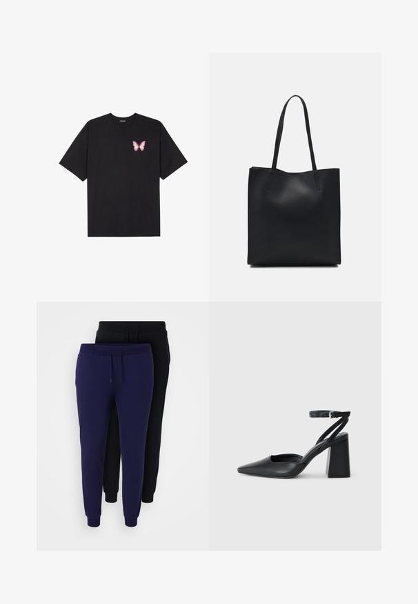 Črna bombažna majica s kratkimi rokavi, ki ima majhen roza metuljček na levi strani prsnega dela. Majica s krožnim ovratnikom in sproščenim krojem.; Even&Odd Curvy 2 PACK - Spodnji deli trenirk - black/blue; Črne usnjene klasične čevlje z ostrim nosom, z zaponko za gleženj in debelim peto. Ravna tekstura, eleganten dizajn in minimalistična estetika.; Črna usnjena torba s svilnato teksturo, pravokotne oblike in dvema dolgima ročajema. Brez vidnih metalnih delov ali okrasnih elementov.