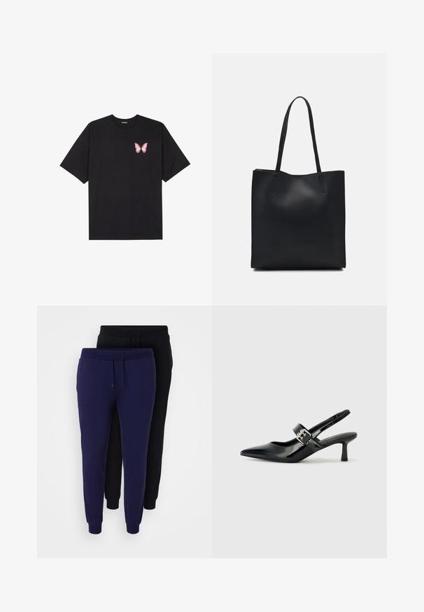 Zwarte katoenen t-shirt met korte mouwen, voorzien van een kleine roze vlinder graphic op de linkerkant van de borst. Crew neck ontwerp met een relaxte fit.; Even&Odd Curvy 2 PACK - Trainingsbroek - black/blue; Zwarte gepatineerde leren slingback hakken met een puntige neus en een kleine blokhak, met een zilveren gespaccent op de band.; Zwarte leren handtas met een gladde textuur, rechthoekige vorm en twee lange handvaten. Geen zichtbare hardware of versieringen.
