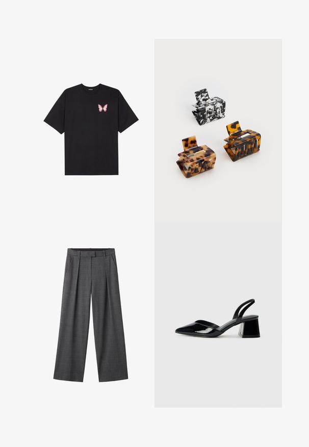 T-shirt en coton noir à manches courtes, avec un petit graphique de papillon rose sur la poitrine gauche. Modèle à col rond avec une coupe décontractée.; Pantalons larges à carreaux gris présentant un devant plissé, une taille et un tissu texturé avec un motif à carreaux subtil.; Escarpins en cuir verni noir avec bout pointu et talon bloc géométrique. Présente un design élégant et minimaliste ainsi qu'une texture lisse.; Trois pinces à cheveux : une marbrée noir et blanc, deux en écaille de tortue dans des nuances de marron et de noir, toutes en plastique brillant avec une finition texturée.