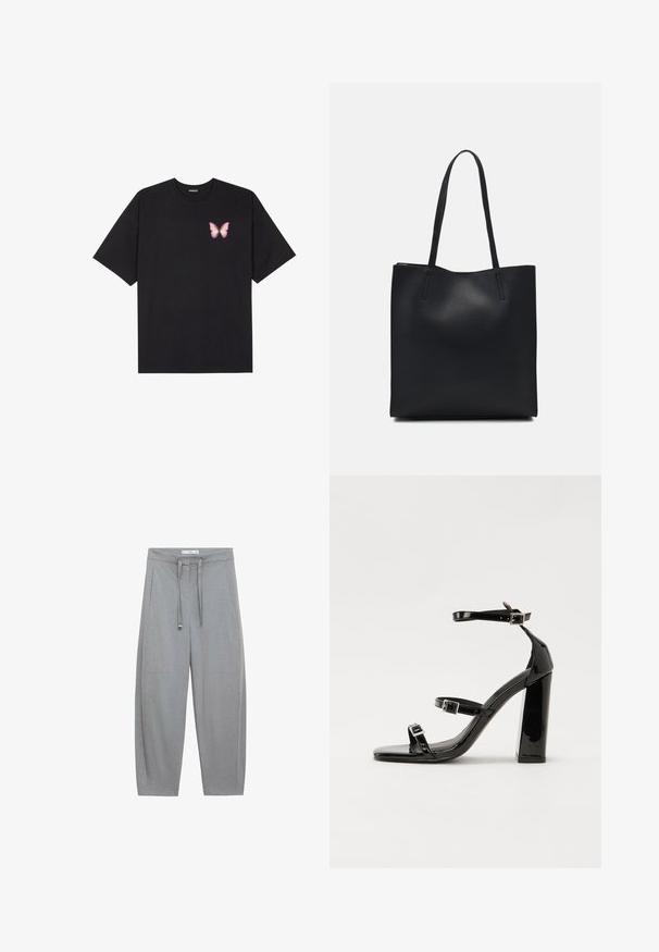 Schwarzes Baumwoll-T-Shirt mit kurzen Ärmeln, das ein kleines pinkes Schmetterlingsmotiv auf der linken Brust zeigt. Crewneck-Design mit einem entspannten Schnitt.; Graue, weite Hosen mit strukturiertem Stoff, Kordelzugbund und zwei Fronttaschen; maßgeschneiderte Bauweise mit minimalistischem Stil.; Schwarze Lackleder-Sandalen mit hohen Absätzen, zwei Riemen mit Schnallen, quadratischer Zehenpartie und klobigem Blockabsatz, mit einer glatten, glänzenden Textur.; Schwarze Laptoptasche aus Leder mit glatter Textur, rechteckiger Form und zwei langen Griffen. Keine sichtbaren Beschläge oder Verzierungen.