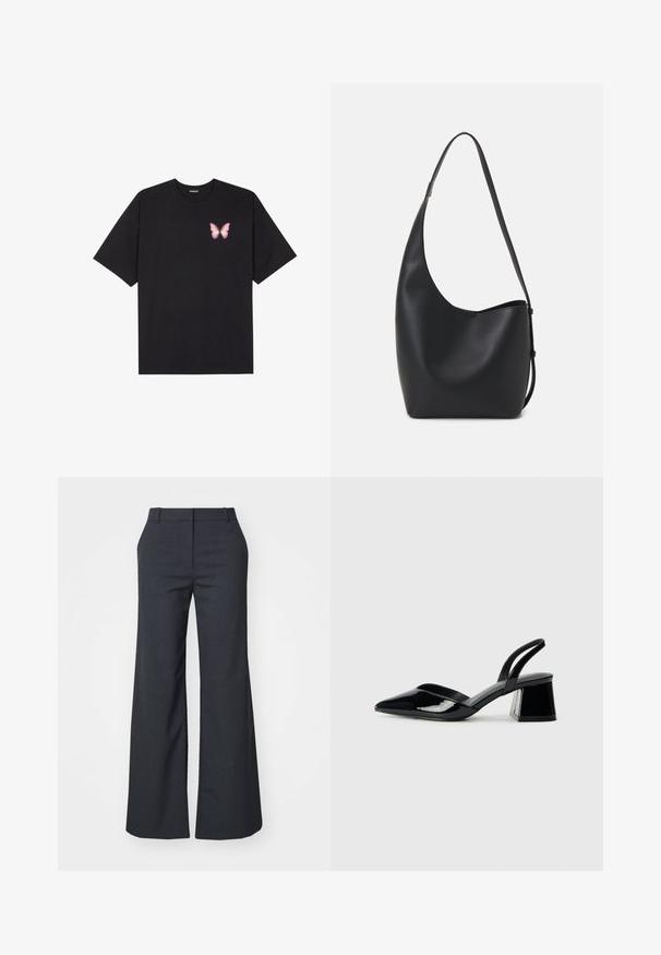 Black cotton t-shirt with short sleeves, featuring a small pink butterfly graphic on the left chest. Crew neck design with a relaxed fit.; Weekday EMILY SUITING - Trousers - dark grey melange; Black patent leather slingback heels with a pointed toe and a geometric block heel. Features a sleek, minimal design and smooth texture.; Black leather hobo bag with a smooth texture, curved shape, and single adjustable strap; features a wide opening at the top.