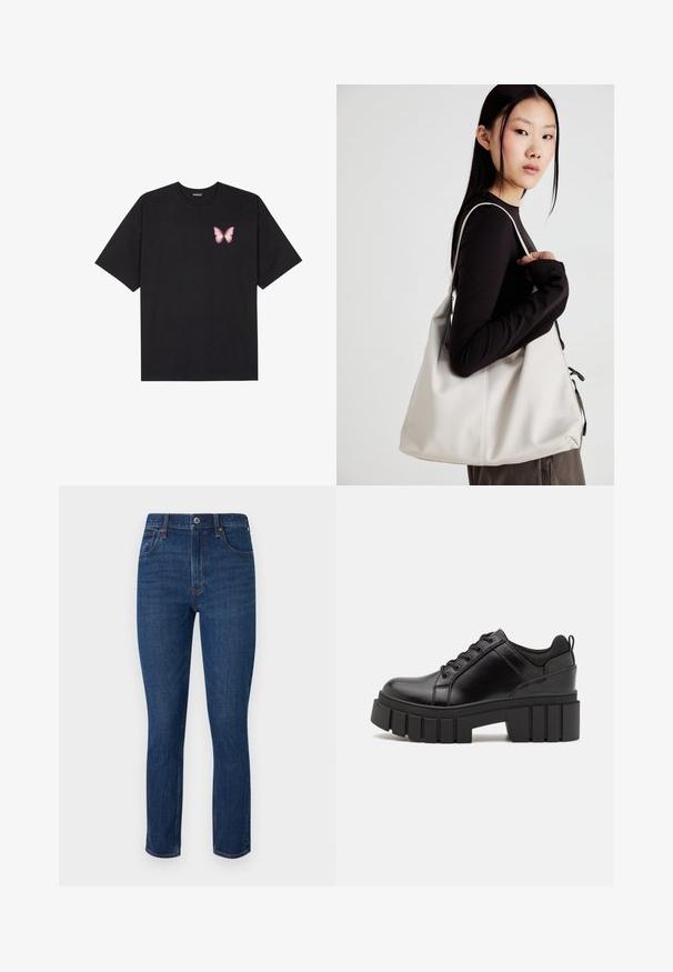 Must muströöpidega must puuvillane T-särk, vasakul rinnal on väike roosa liblikas. Ümar kaelus ja vabalt istuv lõige.; Tumedad sinised teksad, mis on valmistatud denimist, sirge jala lõikega, standardse viie taskuga disaini ja taskute lähedal õmblustootega.; Must musta platvormsussid paksu plokkninal, ümmarguse varbaga ja traditsioonilise nööridega kinnitamisega. Sussid on sileda tekstuuriga ja minimaalsete detailidega.; Bež käekott pehme materjali, millel on lõtv disain, õmblustega detailid ja kaks õlarihma. Sobib igapäevaseks kasutamiseks.