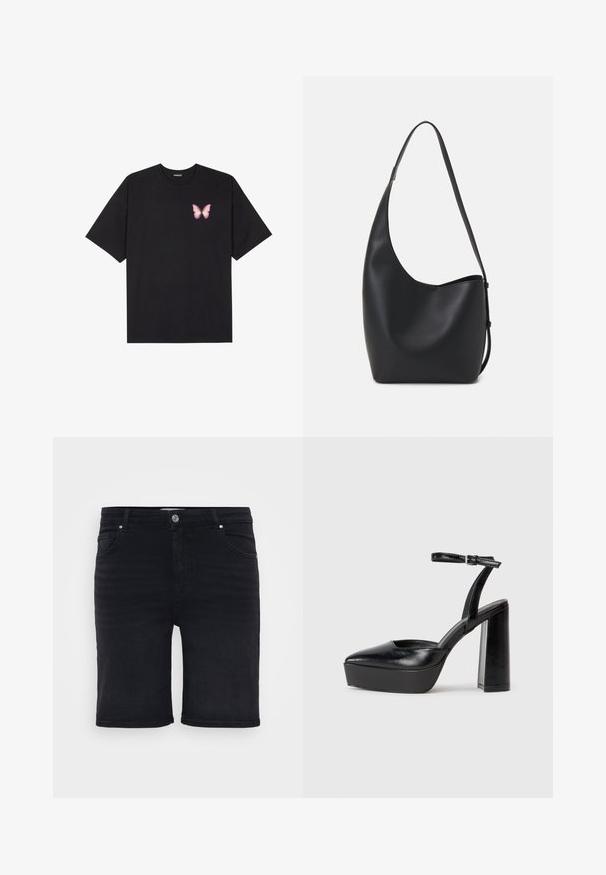 Melna kokvilnas T-krekls ar īsām piedurknēm, kuram priekšā kreisajā pusē ir neliels rozā tauriņa grafiskais attēls. Ar apaļu kaklu un brīvā stila piegriezumu.; Melnas džinsu šorti ar parastu piegriezumu, piecām kabatām, jostas cilpiņām un pogas aizdari. Gluda tekstūra ar vieglu izbalējumu.; Melnas platformas papēžs ar norādītu purngala formu un regulējamu potītes siksniņu. Izgatavotas no gludas ādas, ar masīvu bloku papēdi.; Melnas ādas hobo soma ar gludu tekstūru, izliekta forma un vienu regulējamu jostu; augšā ir plaša atvere.