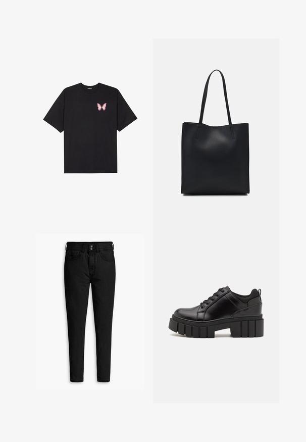 Črna bombažna majica s kratkimi rokavi, ki ima majhen roza metuljček na levi strani prsnega dela. Majica s krožnim ovratnikom in sproščenim krojem.; Črne usnjene kavbojke z ožjim krojem, ki imajo dva sprednja žepa, pas z gumbi in gladko teksturo. Klasična zasnova brez okrasnih detajlov.; Črne usnjene platforme z debelim blokastim petam, okroglo konico in klasičnim vezanjem. Imajo gladko teksturo in minimalne podrobnosti.; Črna usnjena torba s svilnato teksturo, pravokotne oblike in dvema dolgima ročajema. Brez vidnih metalnih delov ali okrasnih elementov.
