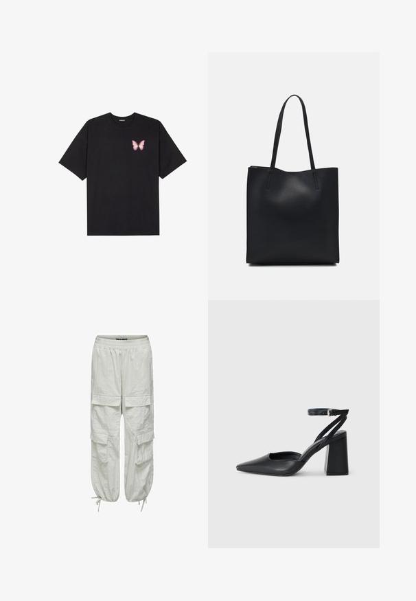 Črna bombažna majica s kratkimi rokavi, ki ima majhen roza metuljček na levi strani prsnega dela. Majica s krožnim ovratnikom in sproščenim krojem.; Bele cargo hlače z udobnim krojem, elastičnim pasom in vrvicami. Imajo štiri sprednje žepke in teksturirano tkanino.; Črne usnjene klasične čevlje z ostrim nosom, z zaponko za gleženj in debelim peto. Ravna tekstura, eleganten dizajn in minimalistična estetika.; Črna usnjena torba s svilnato teksturo, pravokotne oblike in dvema dolgima ročajema. Brez vidnih metalnih delov ali okrasnih elementov.