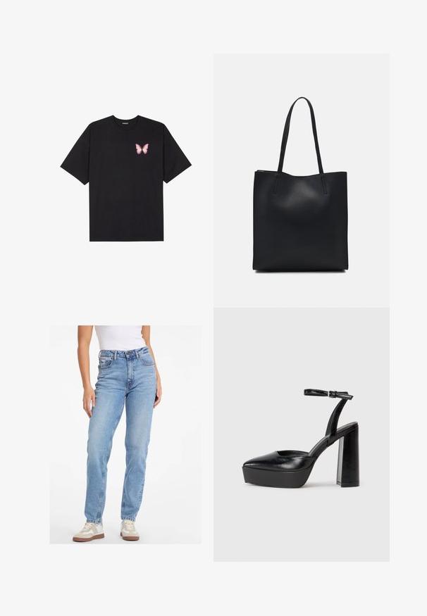 Juodas medvilnės marškinėliai trumpomis rankovėmis, su maža rožine drugelio grafika kairėje krūtinės pusėje. Apvalus kaklo iškirpimas, laisvas kirpimas.; Šviesiai mėlyni aukštos juosmens džinsai, pagaminti iš džinsinio audinio, su tiesiomis kojomis, klasikiniu penkių kišenių stiliumi ir mygtukų užtrauktuku.; Juodi platforminiai aukšti kulniukai su smailiu kojų pirštu ir reguliuojamu kulkšnies dirželiu. Pagaminti iš lygaus odos, turi masyvų blokinį kulną.; Juodas odinis tote krepšys su lygia tekstūra, stačiakampio formos ir dviem ilgais rankenomis. Matomų metalinių detalių ar puošybos nėra.