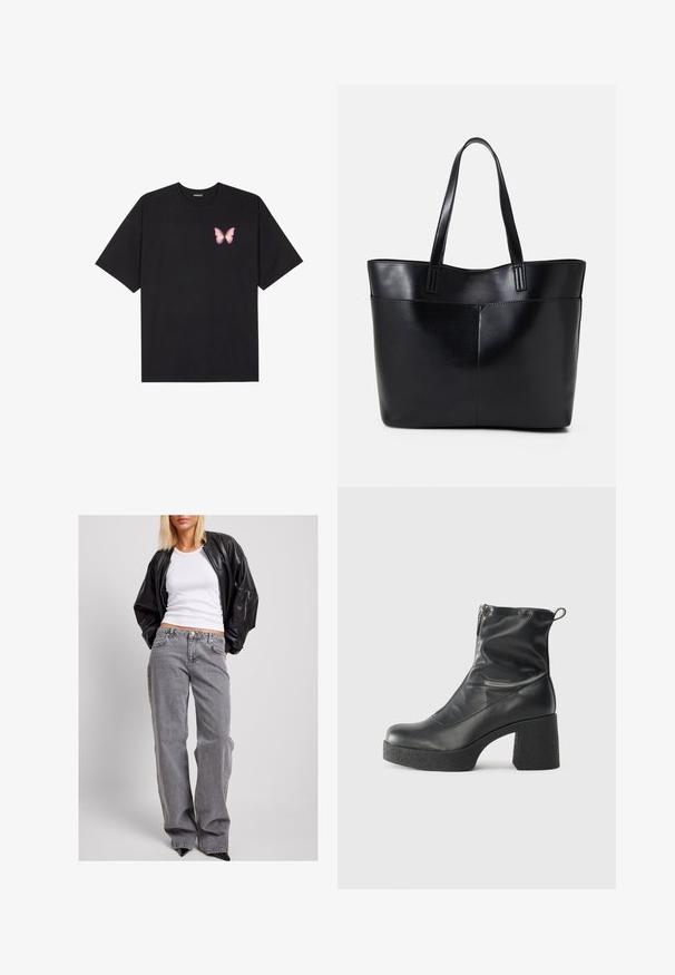 Svart bomullströja med korta ärmar, med en liten rosa fjärilsgrafik på vänster bröst. Rundad halsdesign med en avslappnad passform.; Svart läderbombarjacka, vit ribbad linne och hög midja grå denimjeans med lös passform, subtila sömmar och fickor med accent.; Svarta ankelstövlar i slitstark läder, med sidodragkedja, kraftig strukturerad klack och rundad tådesign.; Svart läder tote-väska med två långa handtag, en slät yta och en strukturerad form. Har en framficka för extra förvaring.