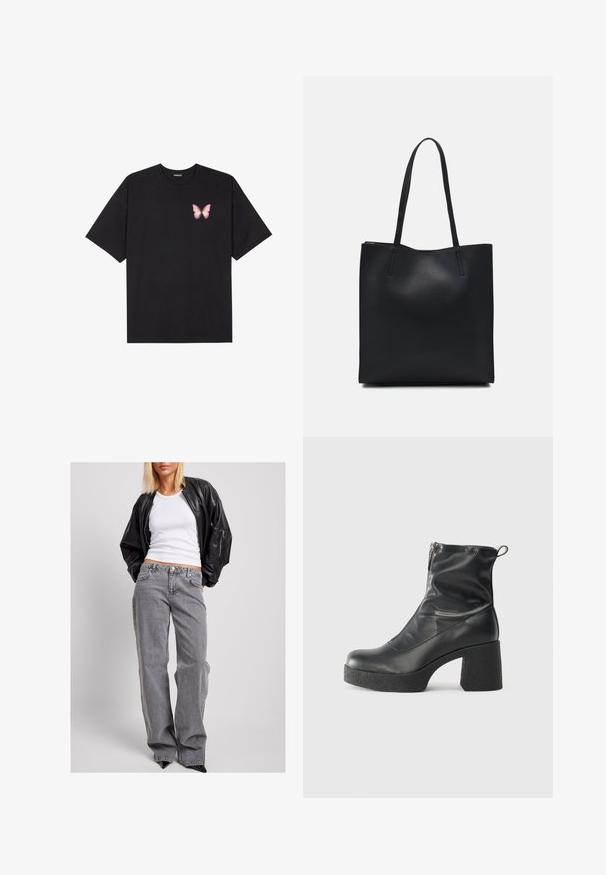 Black cotton t-shirt with short sleeves, featuring a small pink butterfly graphic on the left chest. Crew neck design with a relaxed fit.; Black leather bomber jacket, white ribbed tank top, and high-waisted gray denim jeans with a loose fit, subtle stitching, and accent pockets.; Black ankle boots made of smooth leather, featuring a side zipper, chunky textured heel, and rounded toe design.; Black leather tote bag with smooth texture, rectangular shape, and two long handles. No visible hardware or embellishments.