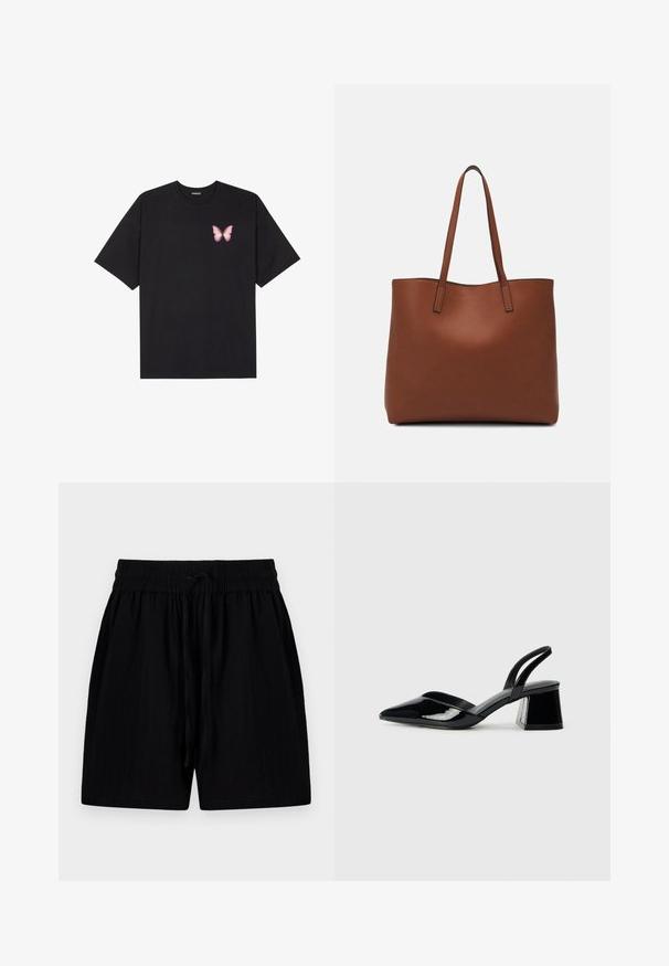 Black cotton t-shirt with short sleeves, featuring a small pink butterfly graphic on the left chest. Crew neck design with a relaxed fit.; Black shorts made of lightweight fabric with a drawstring waistband, featuring side pockets and a textured surface.; Black patent leather slingback heels with a pointed toe and a geometric block heel. Features a sleek, minimal design and smooth texture.; Brown leather tote bag with a smooth texture, open top design, and two shoulder straps. Features minimal stitching and no visible hardware.