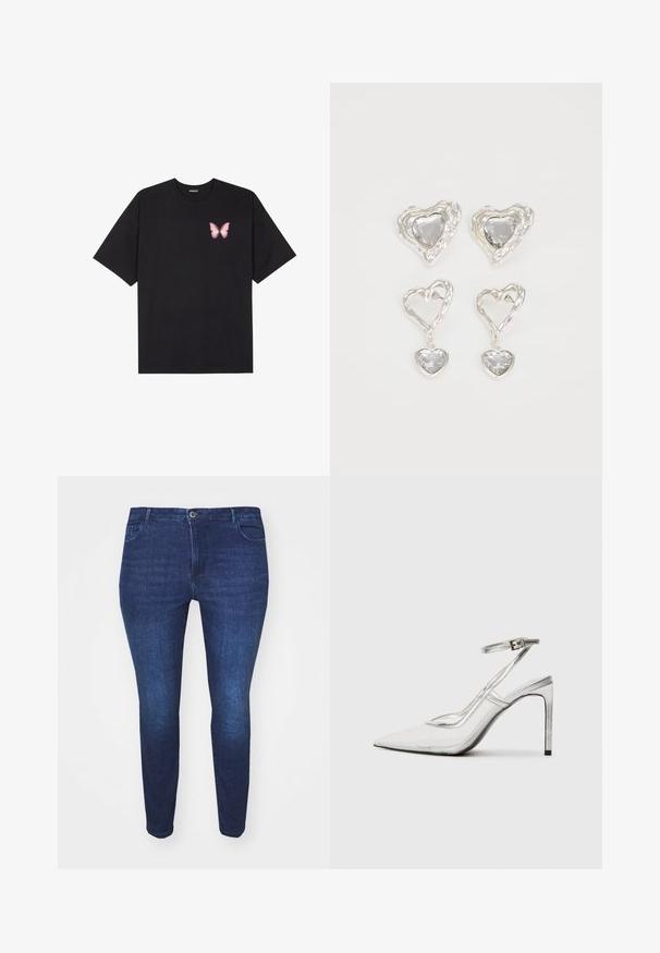 Must muströöpidega must puuvillane T-särk, vasakul rinnal on väike roosa liblikas. Ümar kaelus ja vabalt istuv lõige.; Tumedatest sinistest kitsastest teksadest, millel on ees nupp ja taskud, esitatud ettevaates valge tausta taustal.; Selge stiletto-kontsaga king, terava varbaga, läbipaistvast materjalist, metalsete hõbedaste detailidega ja reguleeritava pahkluu rihmaga.; Hõbedased südamekujulised kõrvarõngad on kaunistatud lõhikute ja selgete kividega ning neil on tekstureeritud raam. Komplekti kuuluvad kõrvarõngad nupud ja rippuvad mudelid.