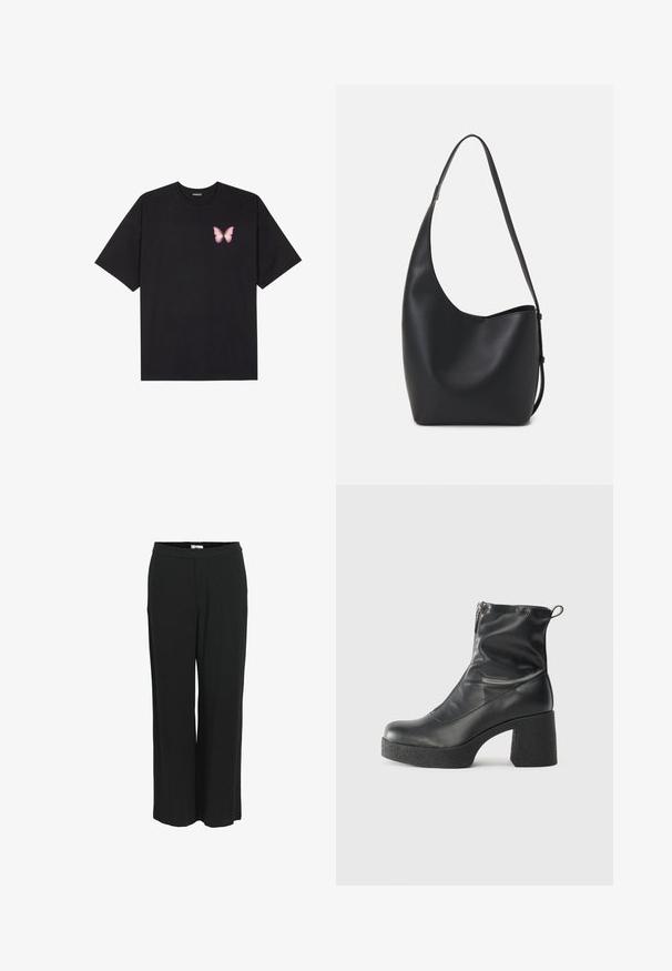 Melna kokvilnas T-krekls ar īsām piedurknēm, kuram priekšā kreisajā pusē ir neliels rozā tauriņa grafiskais attēls. Ar apaļu kaklu un brīvā stila piegriezumu.; Platām kājām melni bikses, kas izgatavotas no viegla auduma. Tām ir elastīga josta un gluda virsma. Bez kabatām vai redzamām rakstu zīmēm.; Melni potītes zābaki, kas izgatavoti no gludas ādas, ar sānu rāvējslēdzēju, masīvu strukturētu papēdi un noapaļotu purngalu.; Melnas ādas hobo soma ar gludu tekstūru, izliekta forma un vienu regulējamu jostu; augšā ir plaša atvere.