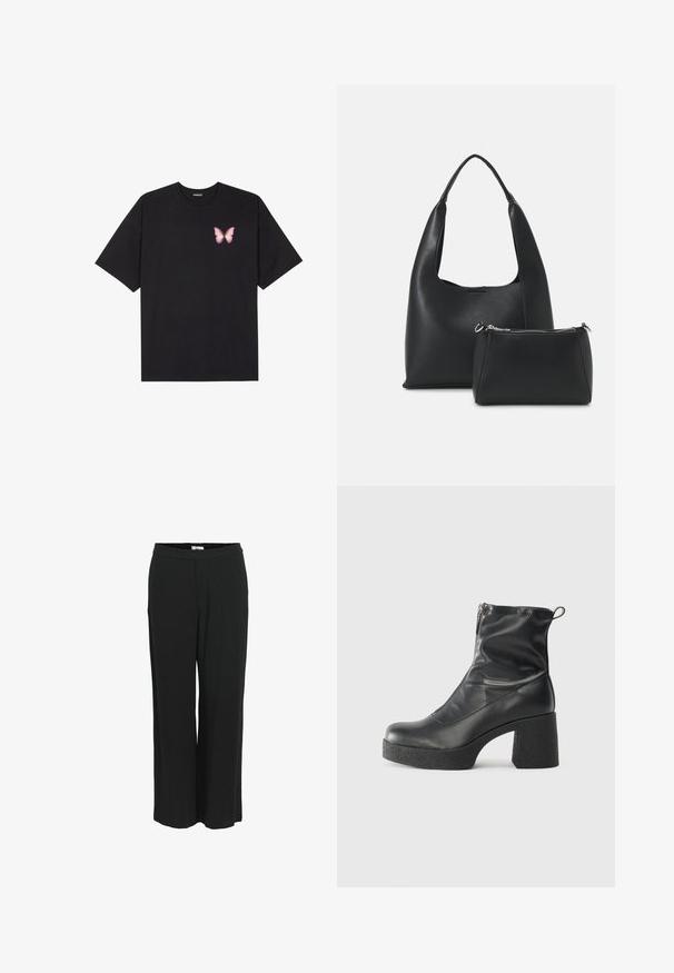 Sort bomulds T-shirt med korte ærmer, prydet med en lille pink sommerfugl grafik på venstre bryst. Rund hals design med en afslappet pasform.; Bredde ben, sorte bukser lavet af et let materiale. Har en elastisk talje og en glat tekstur. Ingen lommer eller synlige mønstre.; Sorte ankelstøvler lavet af glat læder, med en sidelukning, kraftig struktureret hæl og rundt tådesign.; Even&Odd Håndtasker - black