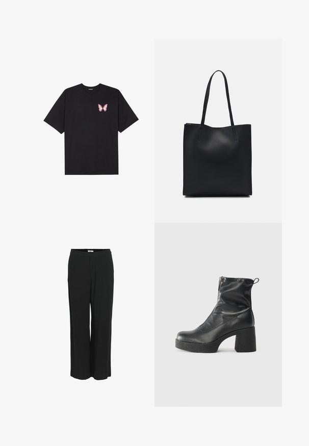 Juodas medvilnės marškinėliai trumpomis rankovėmis, su maža rožine drugelio grafika kairėje krūtinės pusėje. Apvalus kaklo iškirpimas, laisvas kirpimas.; Platus juodų kelnių modelis, pagamintas iš lengvos medžiagos. Turi elastingą juosmenį ir lygų paviršių. Nėra kišenių ar matomų raštų.; Juodos kulkšninių botai, pagaminti iš lygaus odos, su šoniniu užtrauktuku, masyviu tekstūruotu kulnu ir apvaliu pirštu.; Juodas odinis tote krepšys su lygia tekstūra, stačiakampio formos ir dviem ilgais rankenomis. Matomų metalinių detalių ar puošybos nėra.