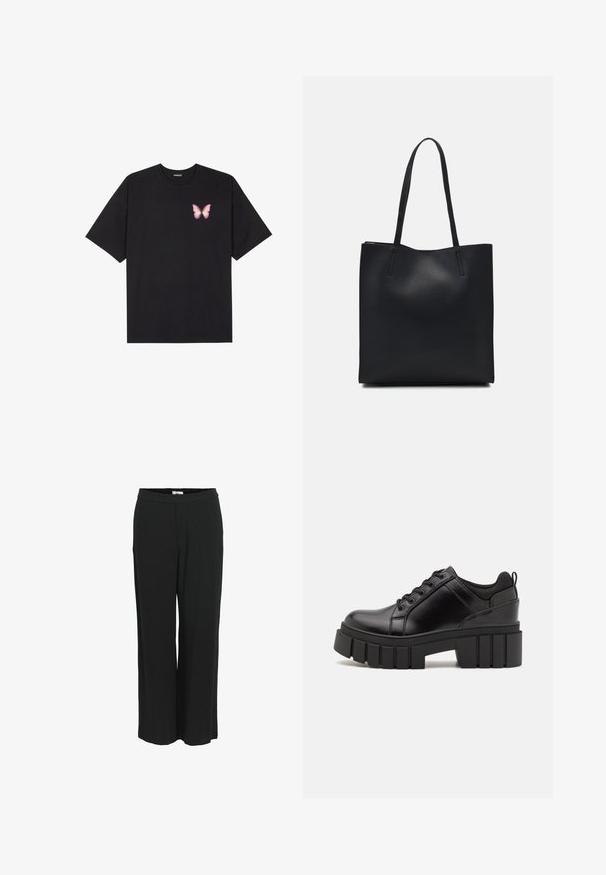 Black cotton t-shirt with short sleeves, featuring a small pink butterfly graphic on the left chest. Crew neck design with a relaxed fit.; Wide-leg, black pants made of a lightweight fabric. Features an elastic waistband and smooth texture. No pockets or visible patterns.; Black leather platform shoes with a chunky block heel, round toe, and traditional lace-up design. Features smooth texture and minimal detailing.; Black leather tote bag with smooth texture, rectangular shape, and two long handles. No visible hardware or embellishments.