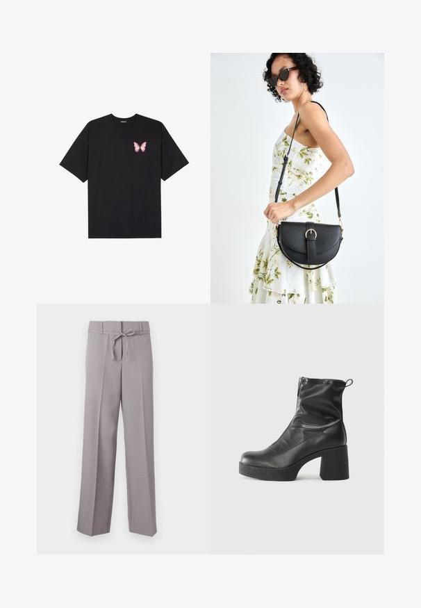 Črna bombažna majica s kratkimi rokavi, ki ima majhen roza metuljček na levi strani prsnega dela. Majica s krožnim ovratnikom in sproščenim krojem.; Svetlo sivi široki hlače z nežno teksturo, ki vključujejo elastični pas z vrvico in stisnjene gube za strukturiran videz.; Črne gležnjarje iz gladke kože z božnim zadrgo, masivnim teksturiranim peto in zaobljeno obliko prstov.; Črna usnjena torbica s ukrivljeno obliko, z odstranljivo naramnico in zlatimi dodatki. Torbica ima pokrov s podrobnostmi v obliki zaponke.