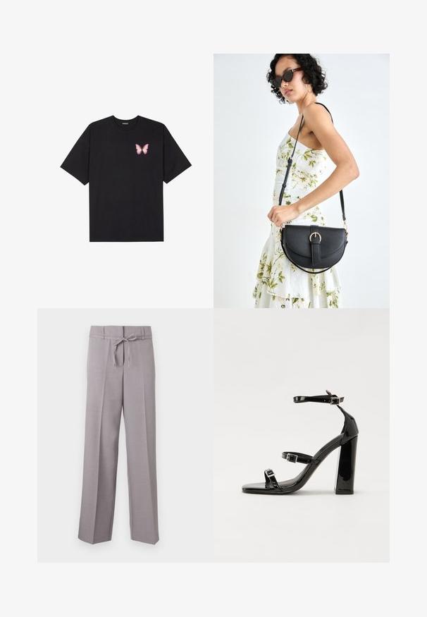 T-shirt en coton noir à manches courtes, avec un petit graphique de papillon rose sur la poitrine gauche. Modèle à col rond avec une coupe décontractée.; Pantalons larges gris clair en tissu doux, avec une taille à cordon et des plis marqués pour un ajustement structuré.; Sandales à talons vernies noires avec un bout carré, des sangles autour de la cheville et des boucles en argent. Dotées d'un talon bloc épais pour plus de stabilité.; Sac à main en cuir noir avec une forme courbée, bandoulière amovible et des accessoires en or. Le sac est doté d'un rabat avec un détail de boucle.