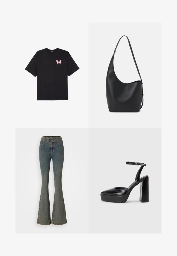 Black cotton t-shirt with short sleeves, featuring a small pink butterfly graphic on the left chest. Crew neck design with a relaxed fit.; High-waisted flared jeans in faded blue denim, featuring double buttons, vertical stitching, and a slightly worn texture at the hems.; Black platform heels with a pointed toe and adjustable ankle strap. Constructed from smooth leather, featuring a chunky block heel.; Black leather hobo bag with a smooth texture, curved shape, and single adjustable strap; features a wide opening at the top.