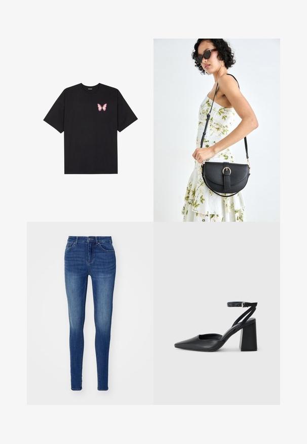 Tricou negru din bumbac cu mâneci scurte, având pe partea stângă a pieptului un mic grafic cu un fluture roz. Design cu guler rotund și croială lejeră.; Jeans skinny din denim albastru, cu o textură netedă, design cu cinci buzunare și închidere cu buton. Prezintă zone decolorate pentru un aspect purtat.; Pantofii cu toc ascuțit din piele neagră, cu breteaua pentru glezne și toc gros. Textură netedă, design elegant și estetică minimală.; Geantă din piele neagră, cu o formă curbată, curea detașabilă și accesorii aurii. Geanta are un capac cu un detaliu tip cataramă.
