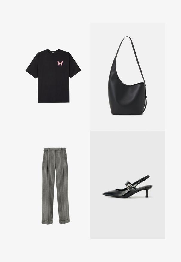 Juodas medvilnės marškinėliai trumpomis rankovėmis, su maža rožine drugelio grafika kairėje krūtinės pusėje. Apvalus kaklo iškirpimas, laisvas kirpimas.; Pilki pritaikyti kelnių modeliai su baltomis vertikaliomis juostelėmis, raukšlėta priekyje, užkulnių apvadu, diržo kilputėmis ir sagčių uždarymu juosmens srityje.; Juodai lakuoti slingback aukštakulniai su smailiu kojų pirštu ir mažais blokiniais kulniukais, su sidabro sagtimi ant dirželio.; Juodas odinis hobo maišas su lygiu paviršiumi, kreipta forma ir viena reguliuojama rankena; turi platų atidarymą viršuje.