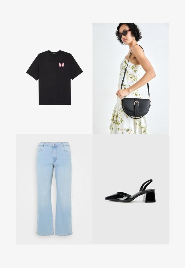 T-shirt de algodão preto com mangas curtas, apresentando um pequeno gráfico de borboleta rosa no lado esquerdo do peito. Design de gola redonda com um corte solto.; Jeans de perna larga azul claro feitos de denim, com fecho em botão e zíper, cinco bolsos e um desbotado subtil para textura.; Sandy em verniz preto com salto slingback, ponta afilada e salto geométrico. Apresenta um design elegante e minimalista com textura suave.; Bolsa de couro preta com forma curva, alça destacável e detalhes em dourado. A bolsa possui uma aba com detalhe de fivela.
