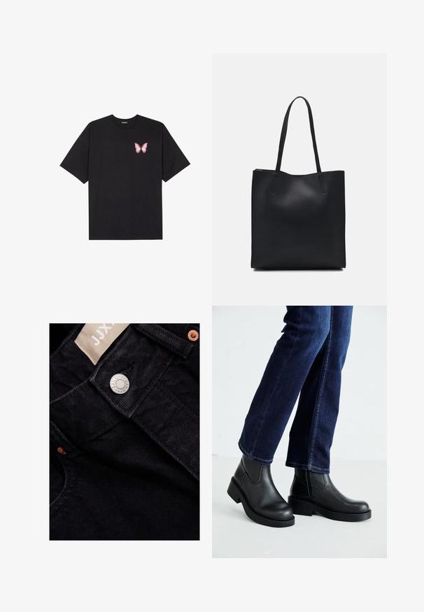 Svart bomulls T-skjorte med korte ermer, med en liten rosa sommerfugl grafikk på venstre bryst. Crew-neck design med en avslappet passform.; Sorte denim jeans med en glatt tekstur, som har en sølvfarget knappelukking, kobbernitter, og et stoffmerke med "JJX" merke.; Sorte lær ankelsko med en kraftig såle og elastiske paneler på siden, kombinert med mørkeblå jeans. Underlaget er lyst.; Svart lær tote bag med glatt tekstur, rektangulær form og to lange håndtak. Ingen synlige deler eller dekorasjoner.