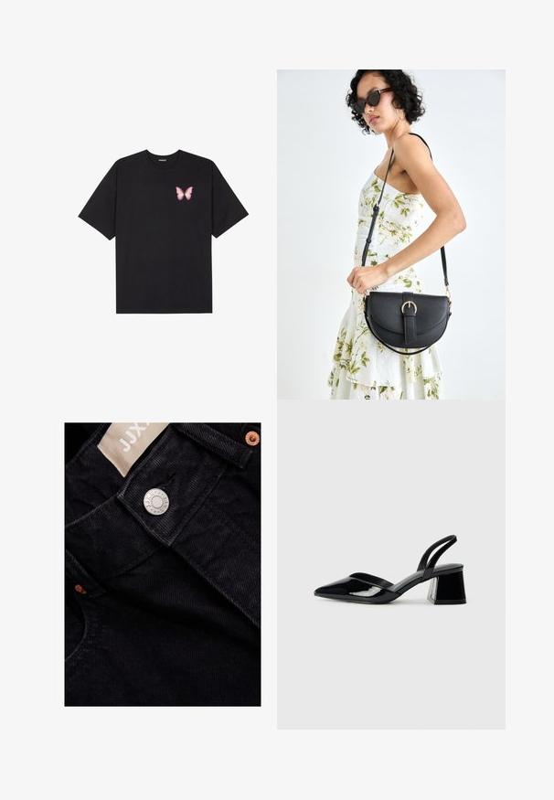 T-shirt de algodão preto com mangas curtas, apresentando um pequeno gráfico de borboleta rosa no lado esquerdo do peito. Design de gola redonda com um corte solto.; Jeans de denim preto com uma textura suave, apresentando um fecho de botão prateado, rebites de cobre e uma etiqueta de tecido com a marca "JJX".; Sandy em verniz preto com salto slingback, ponta afilada e salto geométrico. Apresenta um design elegante e minimalista com textura suave.; Bolsa de couro preta com forma curva, alça destacável e detalhes em dourado. A bolsa possui uma aba com detalhe de fivela.