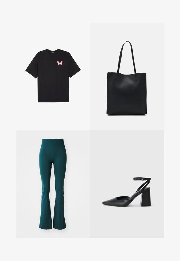 T-shirt en coton noir à manches courtes, avec un petit graphique de papillon rose sur la poitrine gauche. Modèle à col rond avec une coupe décontractée.; Leggings évasés teal en tissu doux et extensible avec une taille haute, présentant une texture subtile et un design ajusté.; Escarpin noir en cuir à bout pointu avec une bride de cheville et un talon épais. Texture lisse, design élégant et esthétique minimaliste.; Sac fourre-tout en cuir noir avec une texture lisse, de forme rectangulaire et deux longues poignées. Pas de matériel ou d'ornementations visibles.
