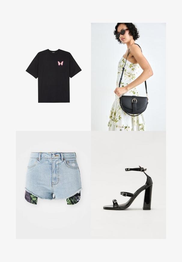 Juodas medvilnės marškinėliai trumpomis rankovėmis, su maža rožine drugelio grafika kairėje krūtinės pusėje. Apvalus kaklo iškirpimas, laisvas kirpimas.; Šviesiai mėlynos džinsinės šortai su nusmukusiu kraštu ir spalvotu raštuotu audiniu šonuose, vaizduojančiu miesto vaizdą ir tekstūras.; Juodos patentuotos aukštakulnės basutės su dviem sagtelėmis, kvadratine nosimi ir stambiu blokiniu kulnu, pasižyminčios lygiu, blizgiu paviršiumi.; Juodas odinis krepšys su išlenkta forma, nuimamu dirželiu ir auksiniais detalėmis. Krepšys turi kilpą su sagtimi.