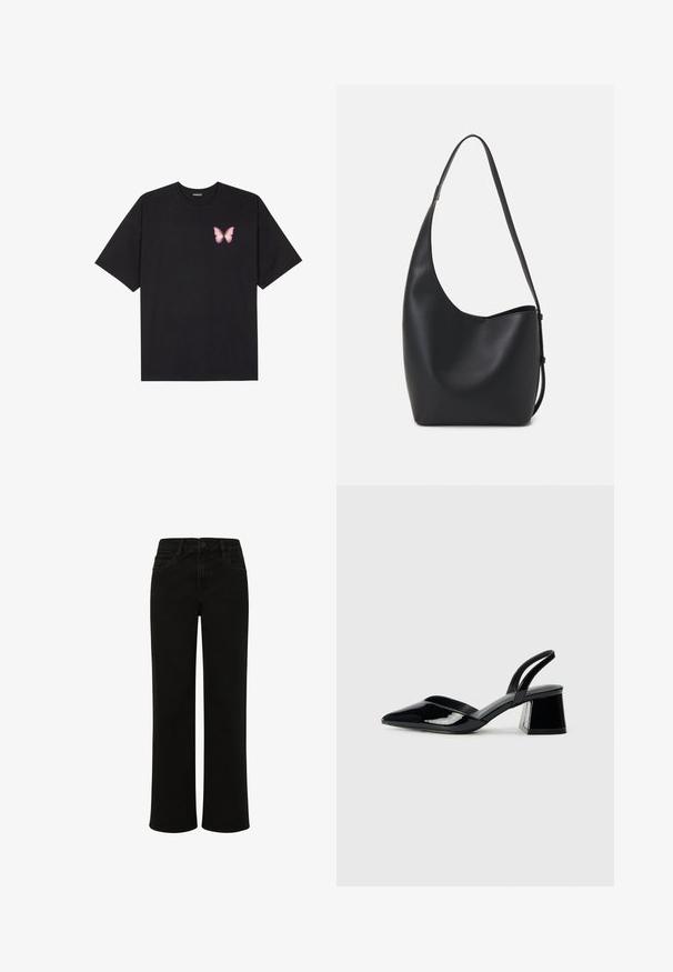 T-shirt de algodão preto com mangas curtas, apresentando um pequeno gráfico de borboleta rosa no lado esquerdo do peito. Design de gola redonda com um corte solto.; Jeans de ganga pretos, de perna reta e cintura alta, com bolsos frontais, fecho de botão e linhas limpas sem adornos.; Sandy em verniz preto com salto slingback, ponta afilada e salto geométrico. Apresenta um design elegante e minimalista com textura suave.; Saco hobo preto em pele com uma textura lisa, forma curva e uma única alça ajustável; apresenta uma abertura larga na parte de cima.