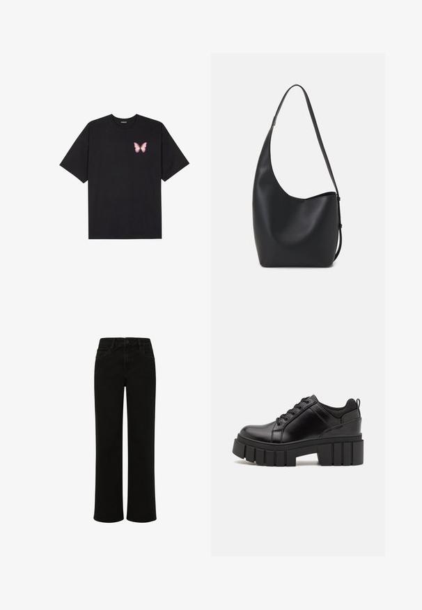 Melna kokvilnas T-krekls ar īsām piedurknēm, kuram priekšā kreisajā pusē ir neliels rozā tauriņa grafiskais attēls. Ar apaļu kaklu un brīvā stila piegriezumu.; Melnas džinsus ar taisnu kāju un augstu jostu, kas aprīkoti ar priekšējiem kabatām, pogu aizdari un tīrām līnijām bez rotājumiem.; Melnas ādas platformas kurpes ar masīvu bloku papēdi, apaļu purngalu un tradicionālu saistīšanas dizainu. Izceļas ar gludu tekstūru un minimālu apdari.; Melnas ādas hobo soma ar gludu tekstūru, izliekta forma un vienu regulējamu jostu; augšā ir plaša atvere.