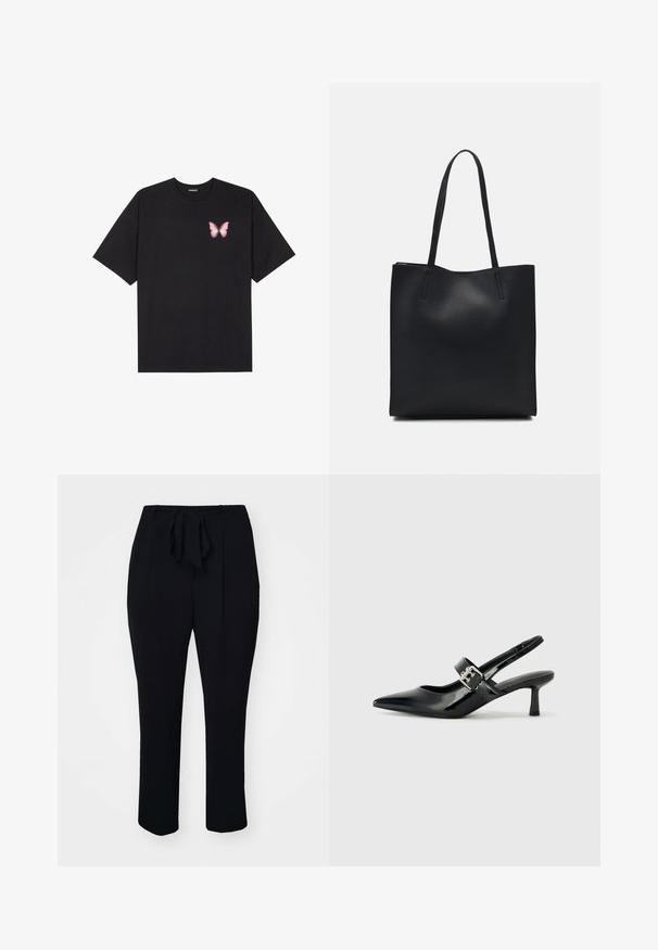 T-shirt en coton noir à manches courtes, avec un petit graphique de papillon rose sur la poitrine gauche. Modèle à col rond avec une coupe décontractée.; Pantalon noir en tissu doux, doté d'une ceinture à nouer assortie, de plis à l'avant et d'une coupe droite.; Escarpins slingback en cuir verni noir avec un bout pointu et un petit talon bloc, mettant en avant un accent en boucle argentée sur la sangle.; Sac fourre-tout en cuir noir avec une texture lisse, de forme rectangulaire et deux longues poignées. Pas de matériel ou d'ornementations visibles.