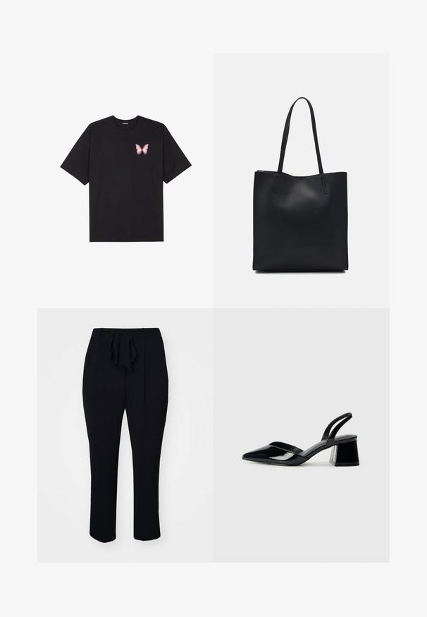 Czarny bawełniany t-shirt z krótkim rękawem, z małym różowym motylkiem na lewej piersi. Klasyczny dekolt z luźnym fasonem.; Czarne spodnie z miękkiego materiału, z pasującym paskiem w talii, zakładkami z przodu i prostym krojem nogawki.; Czarne lakierowane półbuty na obcasie z wydłużonym noskiem i geometrycznym słupkiem. Charakteryzują się eleganckim, minimalistycznym designem oraz gładką fakturą.; Czarna skórzana torba tote o gładkiej fakturze, prostokątnym kształcie i dwóch długich uchwytach. Brak widocznych elementów metalowych i ozdób.