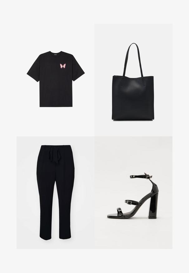 Black cotton t-shirt with short sleeves, featuring a small pink butterfly graphic on the left chest. Crew neck design with a relaxed fit.; Black trousers made of a soft fabric, featuring a matching tie belt, pleats at the front, and a straight-leg design.; Black patent heeled sandals with a square toe, ankle straps, and silver buckles. Features a chunky block heel for stability.; Black leather tote bag with smooth texture, rectangular shape, and two long handles. No visible hardware or embellishments.