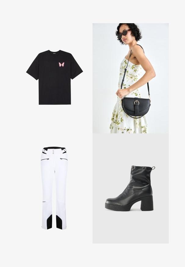 Black cotton t-shirt with short sleeves, featuring a small pink butterfly graphic on the left chest. Crew neck design with a relaxed fit.; White ski pants with black accents, a high waist, zippered pockets, button closure, and a smooth texture. Brand logo near the hem.; Black ankle boots made of smooth leather, featuring a side zipper, chunky textured heel, and rounded toe design.; Black leather handbag with a curved shape, detachable strap, and gold hardware. The bag features a flap with a buckle detail.