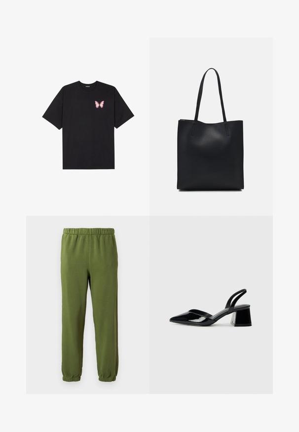 Black cotton t-shirt with short sleeves, featuring a small pink butterfly graphic on the left chest. Crew neck design with a relaxed fit.; Green sweatpants made of soft fabric. Elastic waistband and cuffs. Straight leg design with no patterns or visible hardware.; Black patent leather slingback heels with a pointed toe and a geometric block heel. Features a sleek, minimal design and smooth texture.; Black leather tote bag with smooth texture, rectangular shape, and two long handles. No visible hardware or embellishments.
