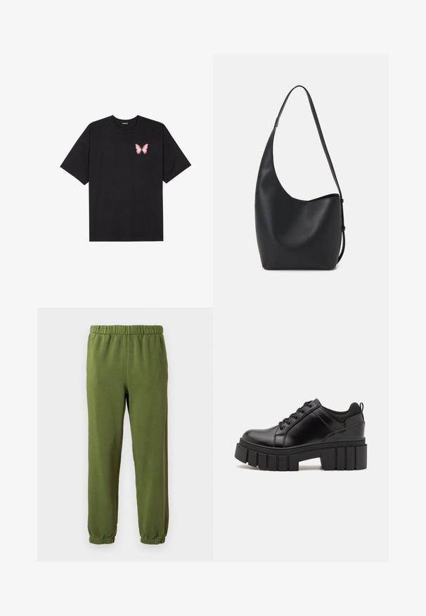 Černé bavlněné tričko s krátkým rukávem, na levém prsou s malou grafikou růžové motýlky. Design s kruhovým výstřihem a volným střihem.; Zelené tepláky vyrobené z měkké tkaniny. Elastický pas a manžety. Rovný střih bez vzorů a viditelného kování.; Černé kožené platformové boty s masivním blokovým podpatkem, kulatou špičkou a tradičním šněrováním. Mají hladký povrch a minimální detaily.; Černá kožená hobo taška s hladkým povrchem, zakřiveným tvarem a jedním nastavitelným popruhem; má široké otevírání nahoře.