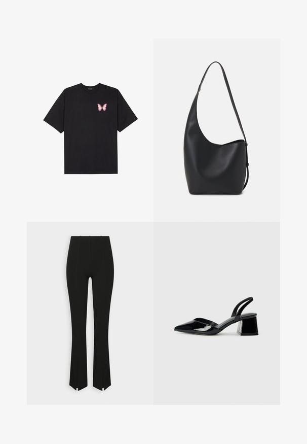 Black cotton t-shirt with short sleeves, featuring a small pink butterfly graphic on the left chest. Crew neck design with a relaxed fit.; Black flared pants with a ribbed texture, featuring side slits at the hem and a high-waisted design. Smooth fabric with no visible embellishments.; Black patent leather slingback heels with a pointed toe and a geometric block heel. Features a sleek, minimal design and smooth texture.; Black leather hobo bag with a smooth texture, curved shape, and single adjustable strap; features a wide opening at the top.