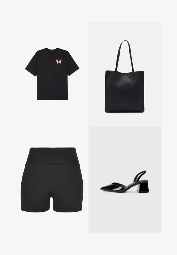 Svart bomulls T-skjorte med korte ermer, med en liten rosa sommerfugl grafikk på venstre bryst. Crew-neck design med en avslappet passform.; Svart høyt midjebånd athletic shorts laget av glatt, stretchy materiale. Har jevne sømmer og en tett passform, ideell for treningsklær.; Svarte patentlær slingback hæler med spiss tå og geometrisk blokk hæl. Har et stilrent, minimalistisk design og jevn tekstur.; Svart lær tote bag med glatt tekstur, rektangulær form og to lange håndtak. Ingen synlige deler eller dekorasjoner.