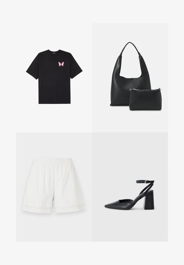 Camiseta de algodón negra de manga corta, con un pequeño gráfico de mariposa rosa en el lado izquierdo del pecho. Diseño de cuello redondo con un corte relajado.; Pantalones cortos de lino blanco con cinturilla elástica, corte relajado y encaje decorativo en el dobladillo. Textura suave y diseño casual.; Zapato de tacón puntiagudo de cuero negro con tira en el tobillo y tacón ancho. Textura plana, diseño elegante y estética minimalista.; Even&Odd Bolso de mano - black