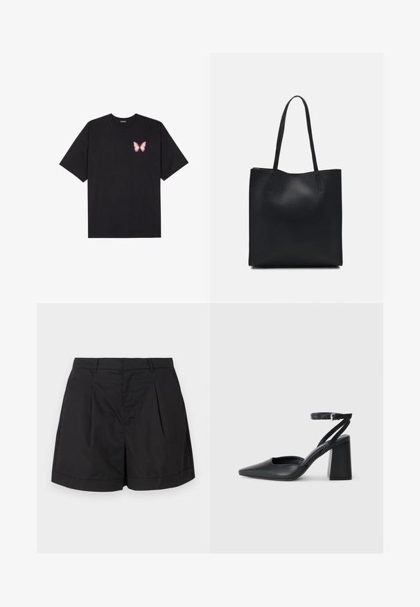 T-shirt nera in cotone con maniche corte, caratterizzata da una piccola grafica di una farfalla rosa sul lato sinistro del petto. Design a girocollo con una vestibilità rilassata.; Pantaloni corti neri realizzati in un tessuto leggero e liscio. Presentano pieghe sul davanti, una silhouette sartoriale e un risvolto all'orlo.; Pump in pelle nera con punta affusolata, cinturino alla caviglia e tacco spesso. Texture piatta, design elegante ed estetica minimalista.; Borsa tote in pelle nera con texture liscia, forma rettangolare e due manici lunghi. Nessun hardware o decorazione visibile.