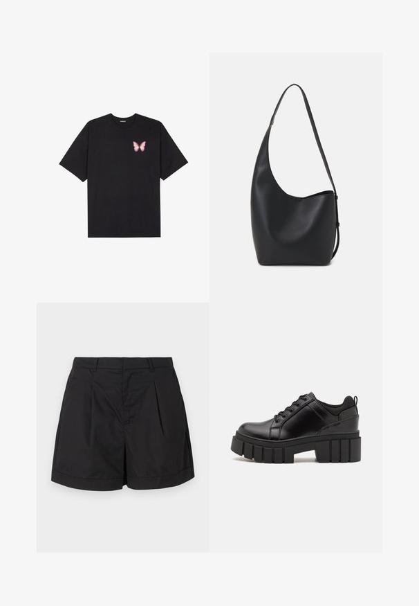 Camiseta de algodón negra de manga corta, con un pequeño gráfico de mariposa rosa en el lado izquierdo del pecho. Diseño de cuello redondo con un corte relajado.; Pantalones cortos negros de un tejido ligero y suave. Presentan pliegues en el frente, una silueta ajustada y un dobladillo enrollado.; Zapatos de plataforma de cuero negro con un tacón cuadrado grueso, punta redonda y diseño tradicional de cordones. Presenta una textura suave y un detalle minimalista.; Bolso tipo hobo de cuero negro con una textura suave, forma curvada y una sola correa ajustable; presenta una amplia apertura en la parte superior.