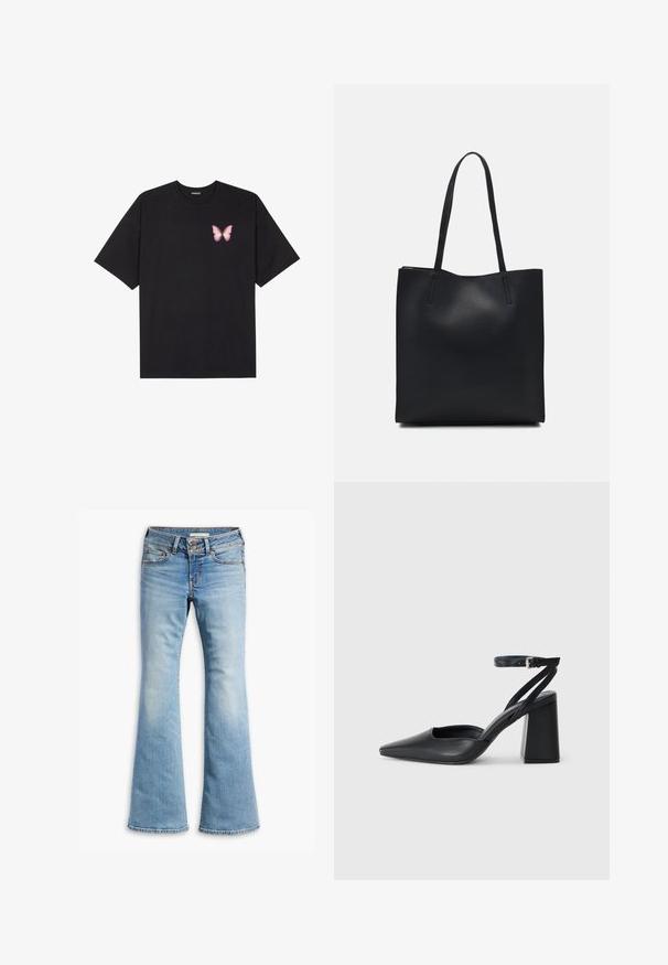 Černé bavlněné tričko s krátkým rukávem, na levém prsou s malou grafikou růžové motýlky. Design s kruhovým výstřihem a volným střihem.; Světle modré rozšířené džíny vyrobené z denimu, s knoflíkovým zapínáním, pěti kapsami a mírným použitým vzhledem.; Černé kožené lodičky se špičatou špičkou, kotníkovým páskem a silným podpatkem. Hladká textura, elegantní design a minimalistická estetika.; Černá kožená taška přes rameno s hladkým povrchem, obdélníkovým tvarem a dvěma dlouhými uchy. Žádné viditelné kování ani ozdoby.
