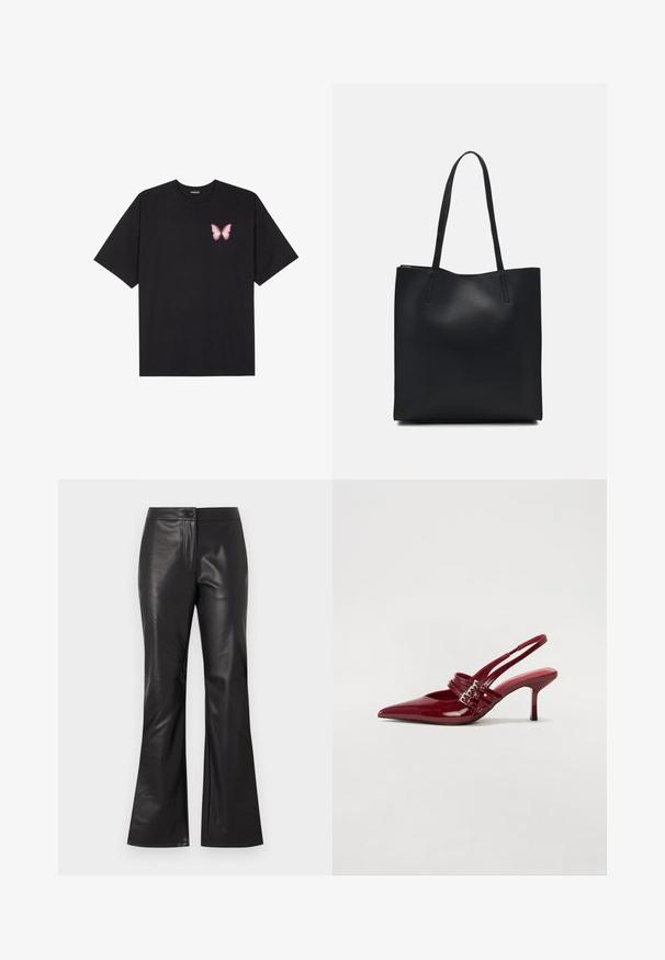 Melna kokvilnas T-krekls ar īsām piedurknēm, kuram priekšā kreisajā pusē ir neliels rozā tauriņa grafiskais attēls. Ar apaļu kaklu un brīvā stila piegriezumu.; Melnas ādas flared bikses ar gludu tekstūru, kurām ir priekšējais rāvējslēdzis un pogu aizdare. Dizains ir piemērots gurniem un paplašinās apakšējā daļā.; Sarkana lakota ādas kurpju kurpes ar atvērtu papēdi, norādītu purngalu, divām sprādzēm un slaidu, vidēja augstuma stiletu papēdi. Gluda tekstūra.; Melnas ādas somiņa ar gludu tekstūru, taisnstūra formu un divām garām rokturiem. Nav redzamu aparatūras vai rotājumu.