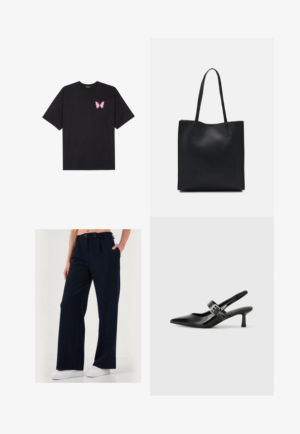 Zwarte katoenen t-shirt met korte mouwen, voorzien van een kleine roze vlinder graphic op de linkerkant van de borst. Crew neck ontwerp met een relaxte fit.; Navyblauwe wijde broek, gemaakt van een gladde stof, met een dubbele knoopsluiting en zijzakken voor een gepolijste uitstraling.; Zwarte gepatineerde leren slingback hakken met een puntige neus en een kleine blokhak, met een zilveren gespaccent op de band.; Zwarte leren handtas met een gladde textuur, rechthoekige vorm en twee lange handvaten. Geen zichtbare hardware of versieringen.