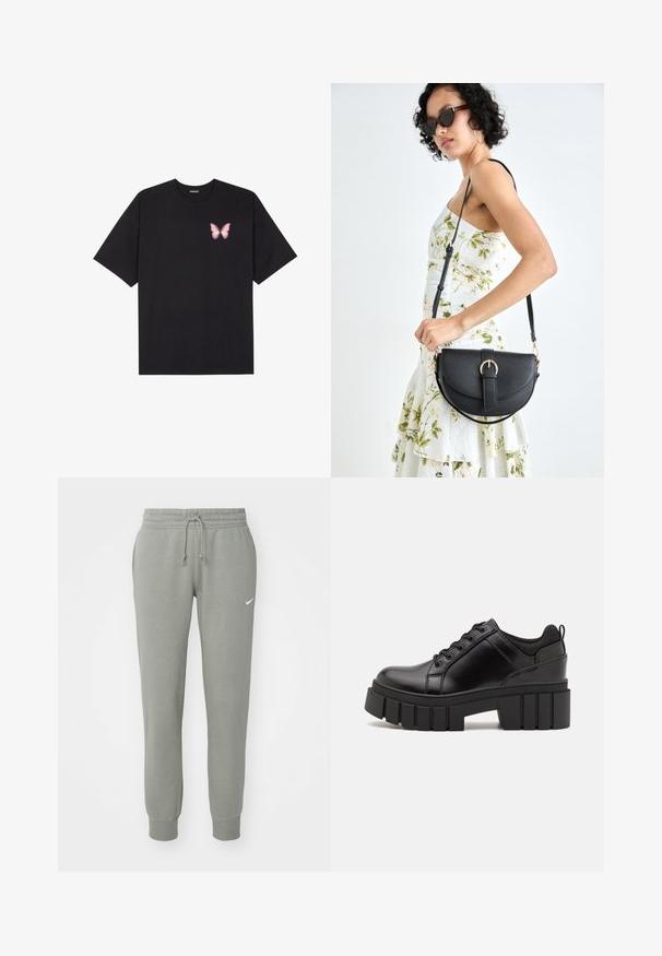 Juodas medvilnės marškinėliai trumpomis rankovėmis, su maža rožine drugelio grafika kairėje krūtinės pusėje. Apvalus kaklo iškirpimas, laisvas kirpimas.; Nike Sportswear PANT - Treningo apatinė dalis - light army/sail; Juodi odiniai platformos batai su masyviu blokuota kulniuku, apvalia nosimi ir tradiciniu šnypštimo dizainu. Turintys glotnų paviršių ir minimalų dekoravimą.; Juodas odinis krepšys su išlenkta forma, nuimamu dirželiu ir auksiniais detalėmis. Krepšys turi kilpą su sagtimi.