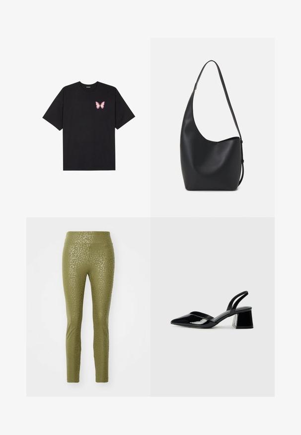 Tricou negru din bumbac cu mâneci scurte, având pe partea stângă a pieptului un mic grafic cu un fluture roz. Design cu guler rotund și croială lejeră.; Leggings verde măsliniu cu un model discret de leopard, fabricate dintr-un material elastic, cu o textură netedă și un design ajustat.; Pantofi cu toc slingback din piele lacuită neagră, cu vârf ascuțit și toc geometric. Prezintă un design elegant, minimalist și o textură netedă.; Geantă hobo din piele neagră, cu o textură netedă, formă curbată și un singur bretele ajustabil; are o deschidere largă în partea de sus.