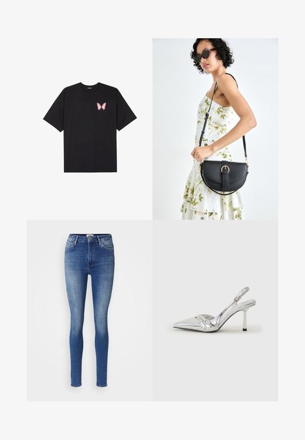 Fekete pamut póló rövid ujjakkal, bal mellkason egy kis rózsaszín pillangó grafikával. Kerek nyakú kialakítás, laza fazonnal.; Keskeny szabású farmernadrág közepes kékszínű denim anyagból, elhalványult kivitelben. Klasszikus öt zsebes kialakítással és közepes derékkal rendelkezik.; Ezüst slingback magas sarkú cipő hegyes orral, fémszerű felülettel, két dekoratív pánttal és vékony sarkú, fekete végű dizájnnal.; Fekete bőrtáska ívelt formával, levehető pánttal és arany színű fémrészekkel. A táskán egy csattal díszített fedél található.