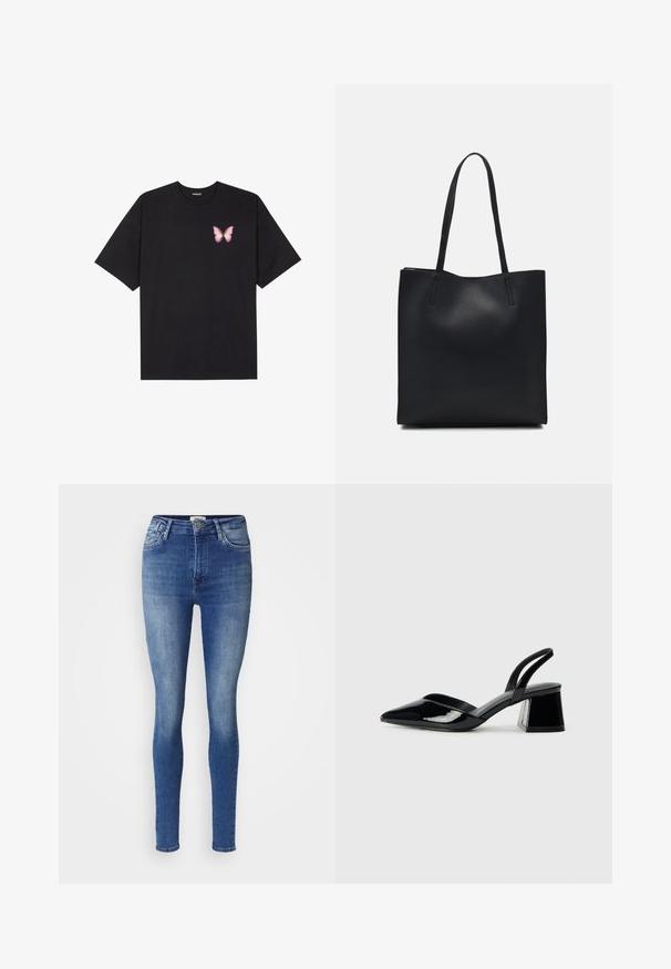Camiseta de algodón negra de manga corta, con un pequeño gráfico de mariposa rosa en el lado izquierdo del pecho. Diseño de cuello redondo con un corte relajado.; Jeans ajustados en denim azul medio con un acabado descolorido. Presenta un diseño clásico de cinco bolsillos y una cintura de altura media.; Zapatos de tacón slingback de charol negro con punta afilada y tacón geométrico en bloque. Presentan un diseño elegante y minimalista, así como una textura suave.; Bolso tote de cuero negro con textura lisa, forma rectangular y dos asas largas. Sin herrajes ni adornos visibles.